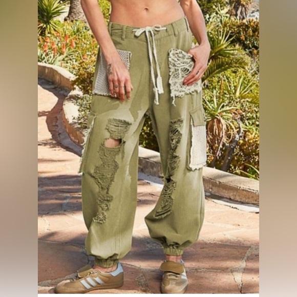 #138 Restocked!!POL A17 Crochet Pocket Green denim Joggers,All Products : American Fashion Style Bags On Sale
